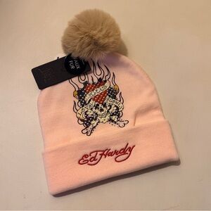 Ed Hardy Pink Knit Beanie Faux Fur Pom Skull Heart One Size NWT